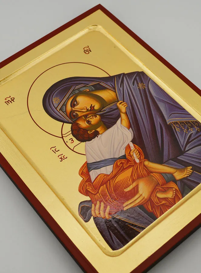 Byzantijnse Icoon Moeder Gods van de Tederheid met Blauw Bovenkleed 22 cm (pic 3)