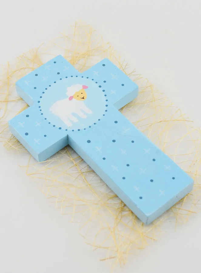 Kinder Kruis Hout Geschilderd Lam Blauw - 12 cm (pic 3)