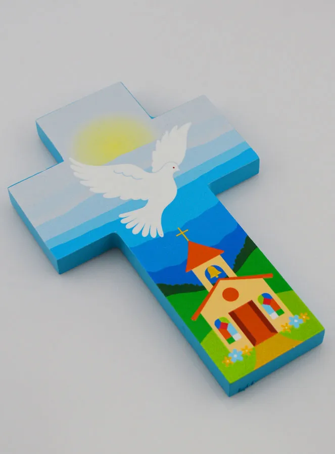 Kruisje Kind Hout - Gods Kerk met Duif - Blauw (pic 3)