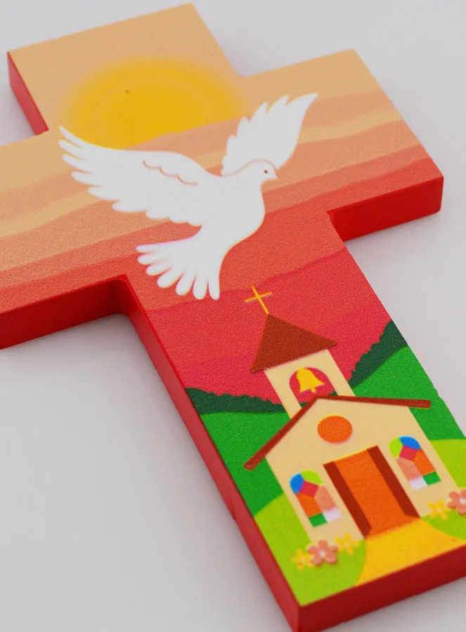 Houten Kruis voor Kinderen Kerk met Duif Roze (pic 3)