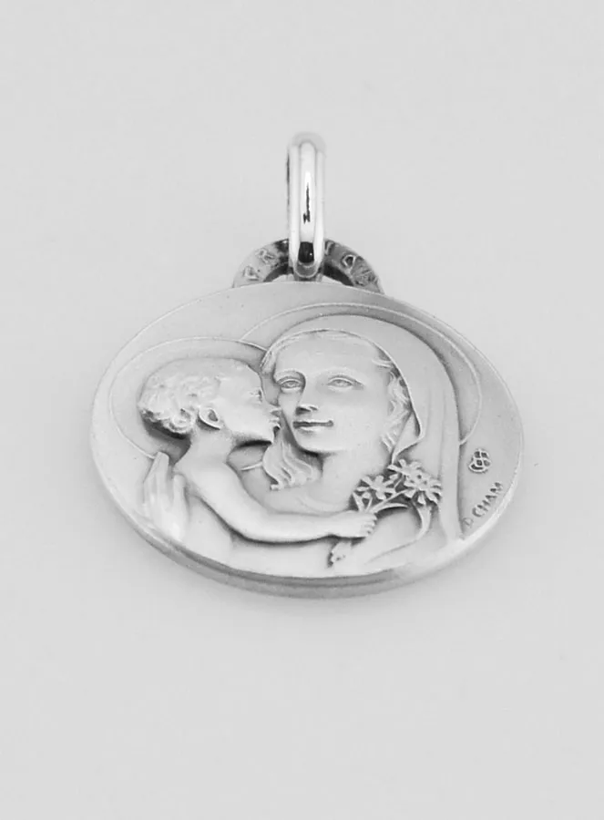 Zilveren Hanger Moeder Maria met Kind en Bloemen - 18 mm (pic 2)
