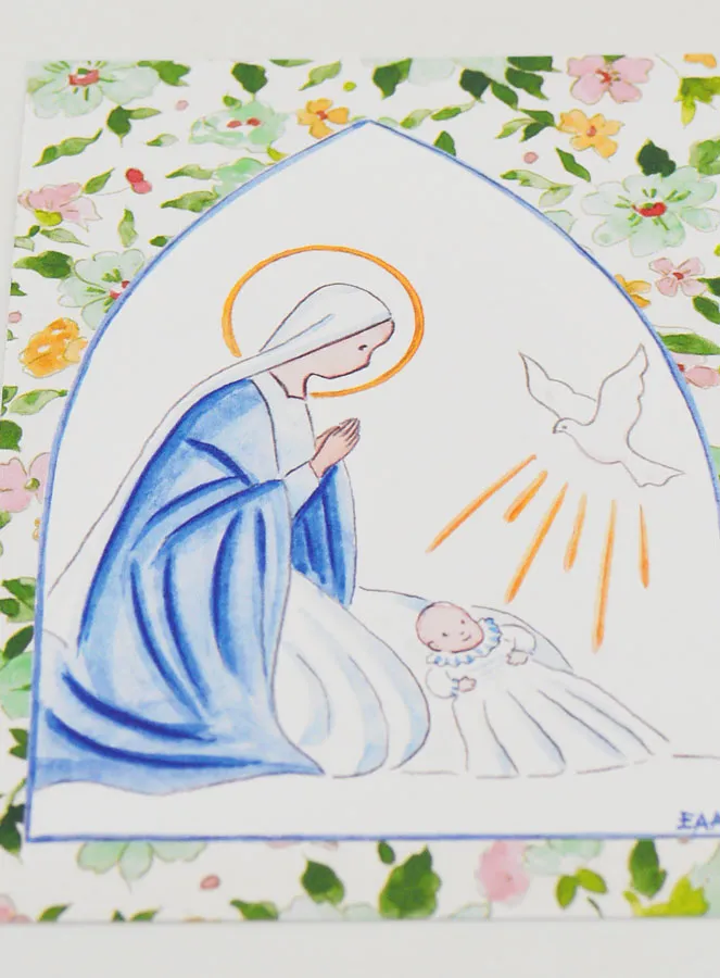 Doop-Kaart Maria met Duif Heilige Geest - Blauw en Groen (pic 2)