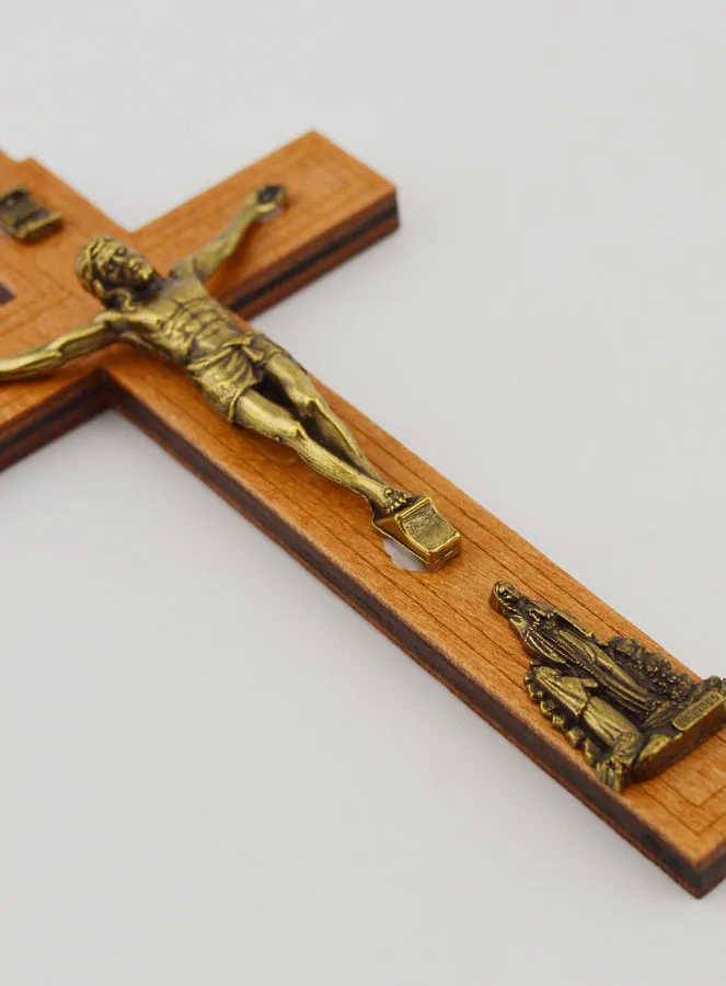 Kruisbeeld Hout met Verschijningen van Lourdes - Goudkleurig 12 cm (pic 3)