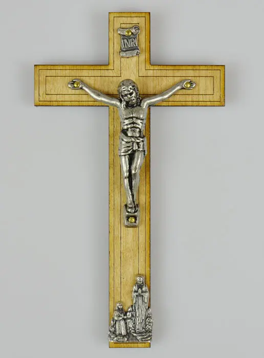 Kruisbeeld Hout met Verschijningen van Lourdes - Zilverkleurig 12 cm (pic 2)