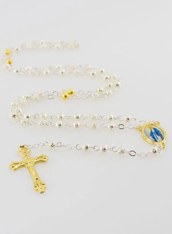 Trendy Rozenkrans Ketting met Zilveren en Vergulde Kralen (pic 2)