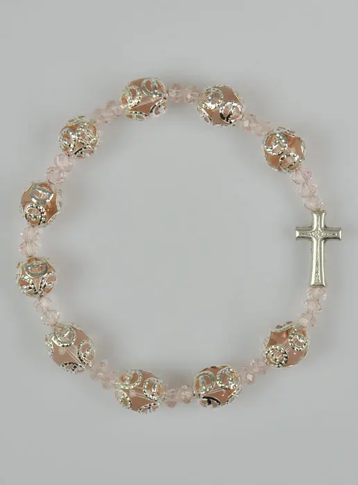 Armband Tientje Bewerkte Roze Kralen op Elastiek (pic 2)