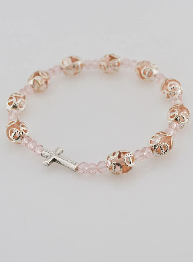 Armband Tientje Bewerkte Roze Kralen op Elastiek (pic 3)
