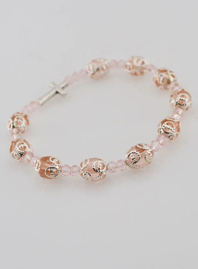 Armband Tientje Bewerkte Roze Kralen op Elastiek (pic 4)