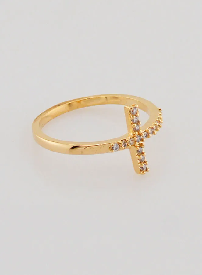 Ring Kruis Zirkonia Diamanten - Verguld - Maat 58 (pic 3)