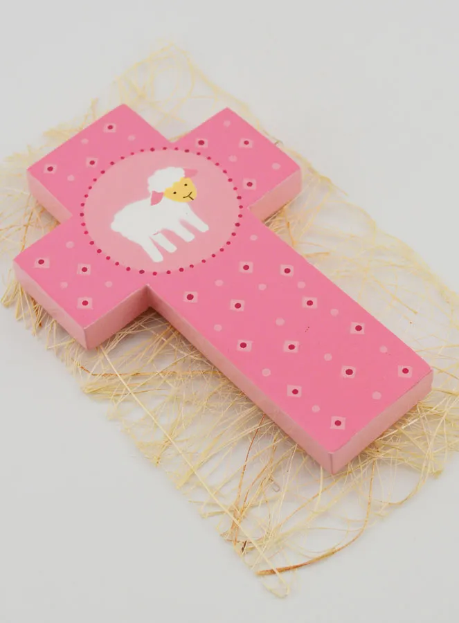 Houten Kruisje Roze Lammetje - 12 cm (pic 3)