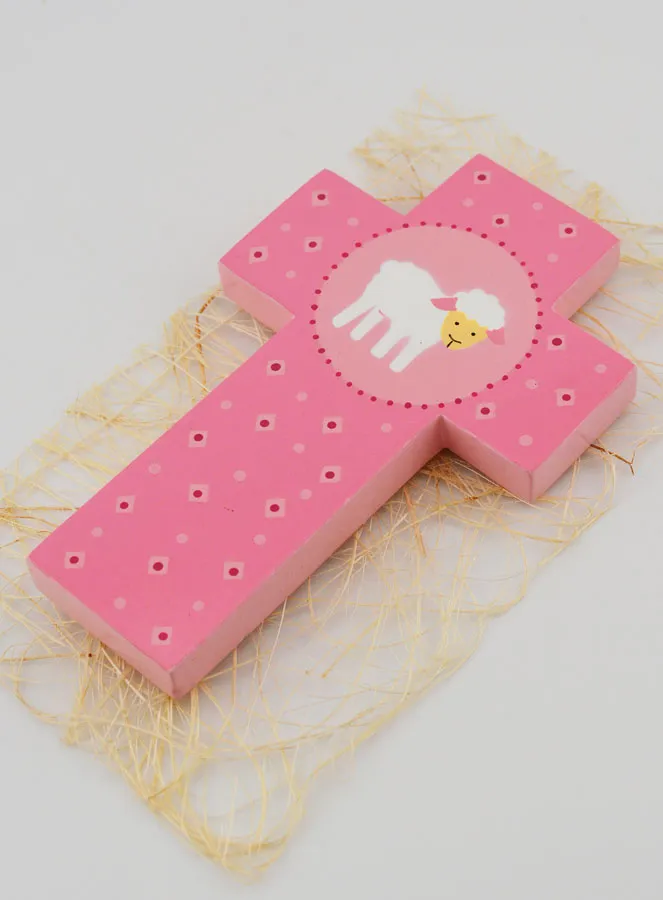 Houten Kruisje Roze Lammetje - 12 cm (pic 4)