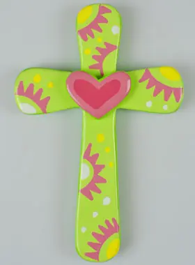 Houten Kruis Kind Groen en Roze Hart - 15 cm (pic 1)