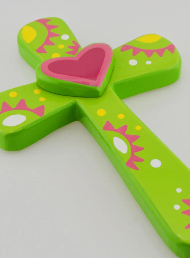 Houten Kruis Kind Groen en Roze Hart - 15 cm (pic 3)