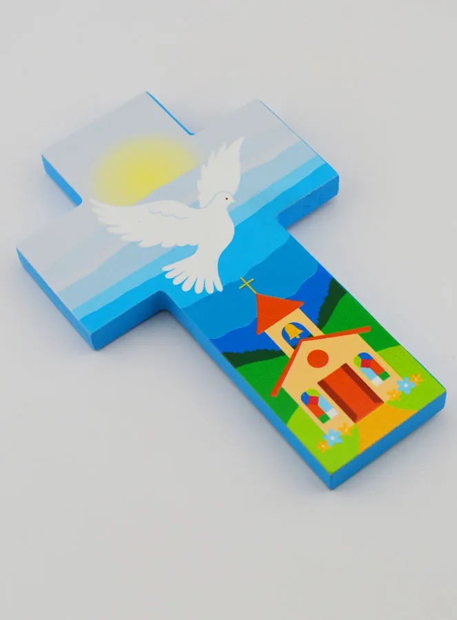 Kruisje Kind Hout Heilige Geest Duif en Kerk - Blauw (pic 3)