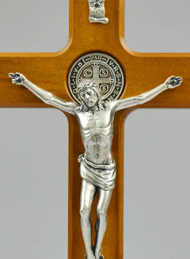 Kruisbeeld Heilige Benedictus van Donker Hout op Voetstuk - 22 cm (pic 3)