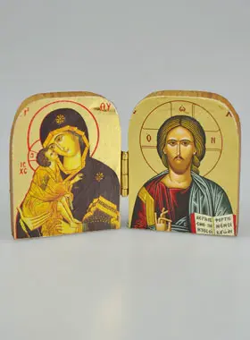 Religieuze Tweeluik Icoon Onze Lieve Vrouw van Tederheid & Christus Pantocrator - Mini Formaat 5cm (pic 1)