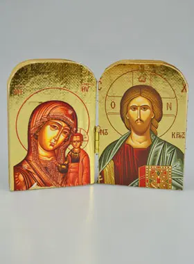 Religieuze Icoon Tweeluik Onze-Lieve-Vrouw van Kazan & Jezus Pantocrator - 7cm (pic 1)