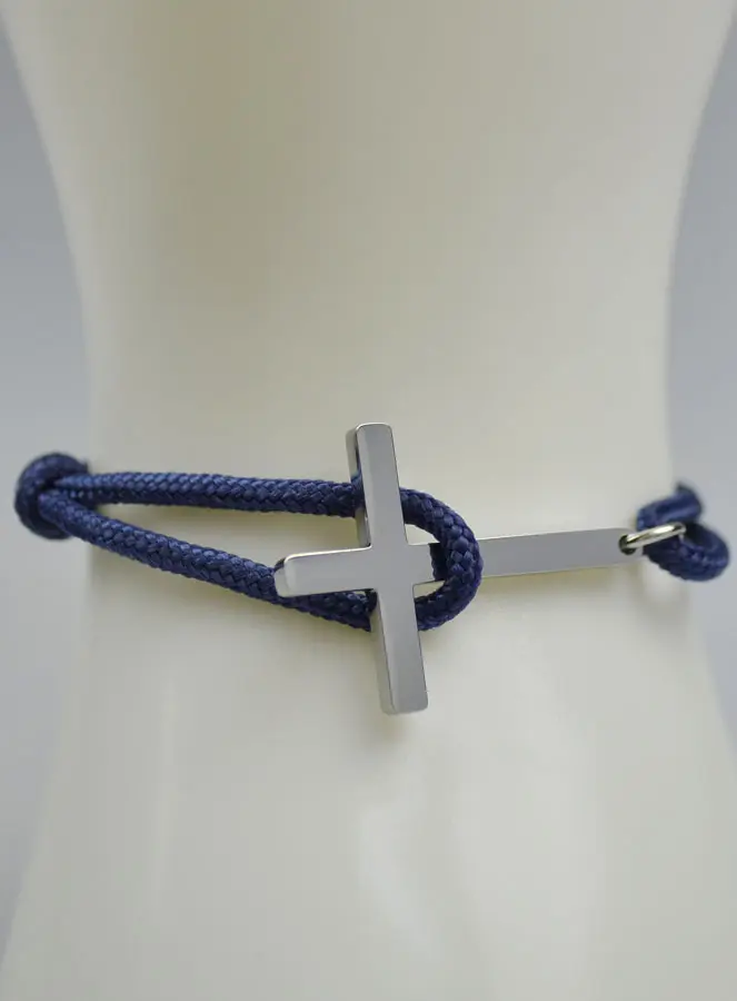 Armband met Goudkleurig Kruis op Donker Blauw Koord - voor Dames (pic 4)