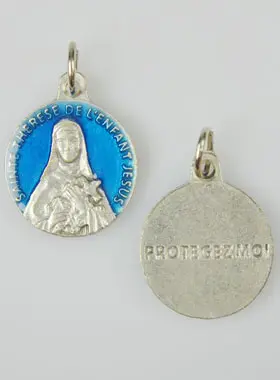 Medaille Heilige Theresia Zilverkleurig en Blauw Emaille - 18 mm (pic 1)
