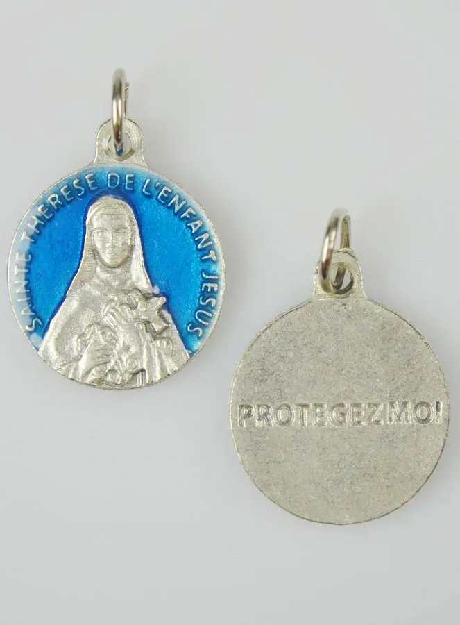 Medaille Heilige Theresia Zilverkleurig en Blauw Emaille - 18 mm (pic 2)