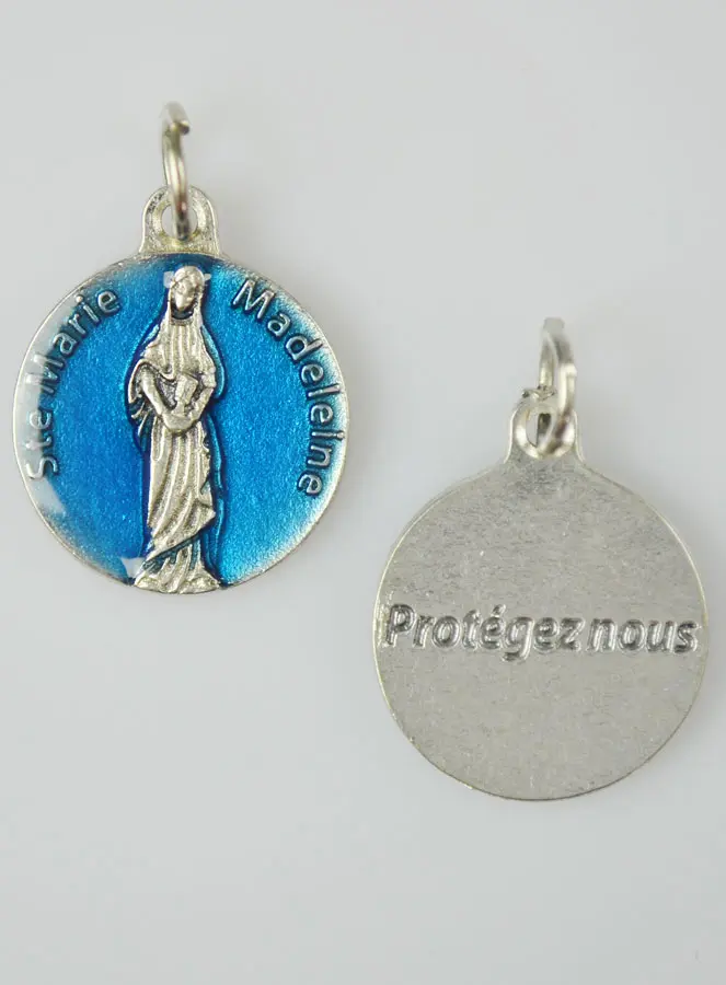 Medaille Heilige Maria Magdalena Zilverkleurig en Blauw Emaille - 18 mm (pic 2)
