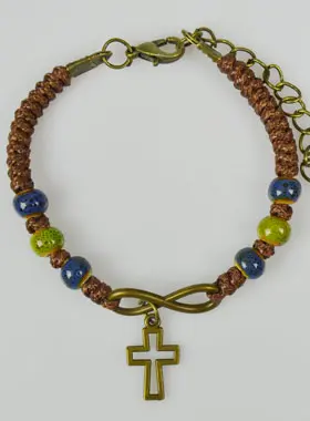 Religieuze Armband met Kruis - Leer en Blauw Hout (pic 1)