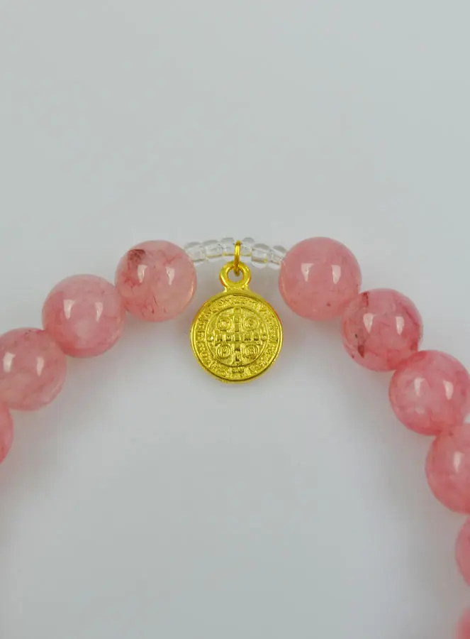 Religieuze Armband van Roze Agaat Steen - Benedictus Medaille en Kruis (pic 4)
