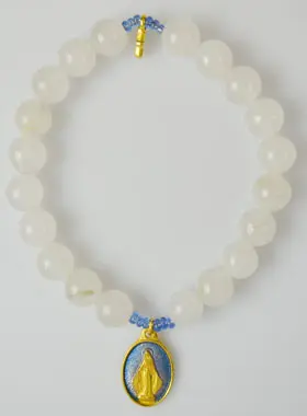 Religieuze Armband Witte Agaat Edelsteen - Wonderdadige Medaille en Kruis (pic 1)