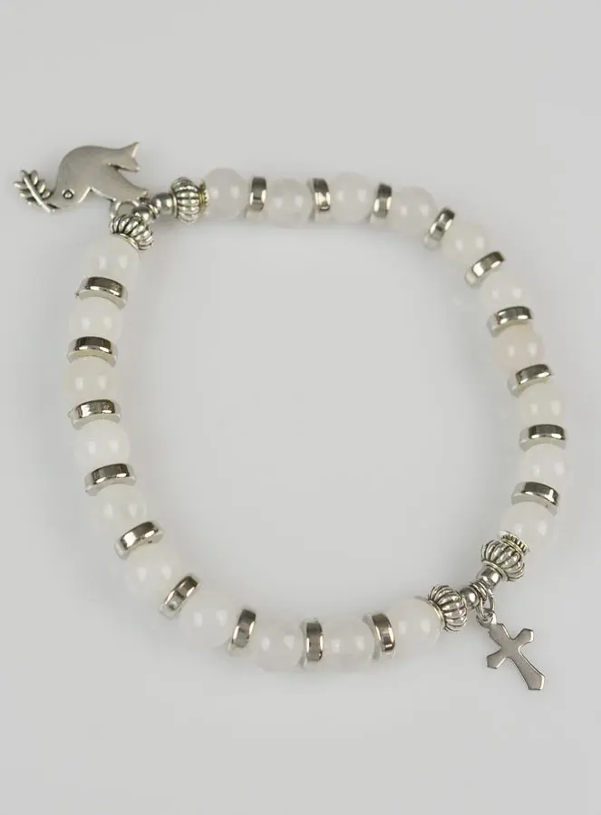 Religieuze Armband Witte Jade Natuursteen - Heilige Geest en Kruis (pic 3)