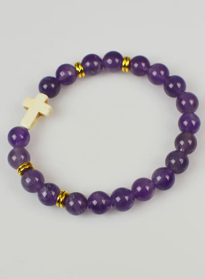 Edelsteen Armband met Kruis - Amethist 8mm (pic 3)