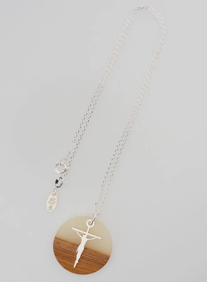 Religieus Collier Zilver - Hanger Hout Hars en Kruis met Jezus (pic 2)