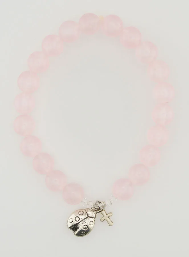 Armband van Rozenkwarts Edelsteen en Lieveheersbeestje - 8mm (pic 1)
