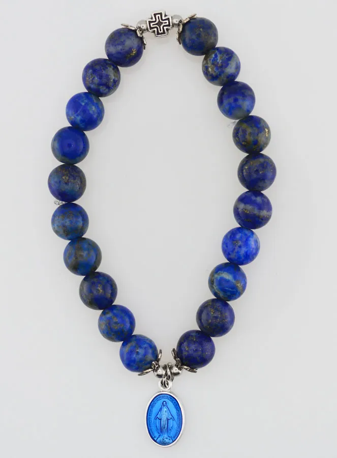 Religieuze Armband van Lapis Lazuli - Wonderdadige Medaille en Kruis (pic 1)