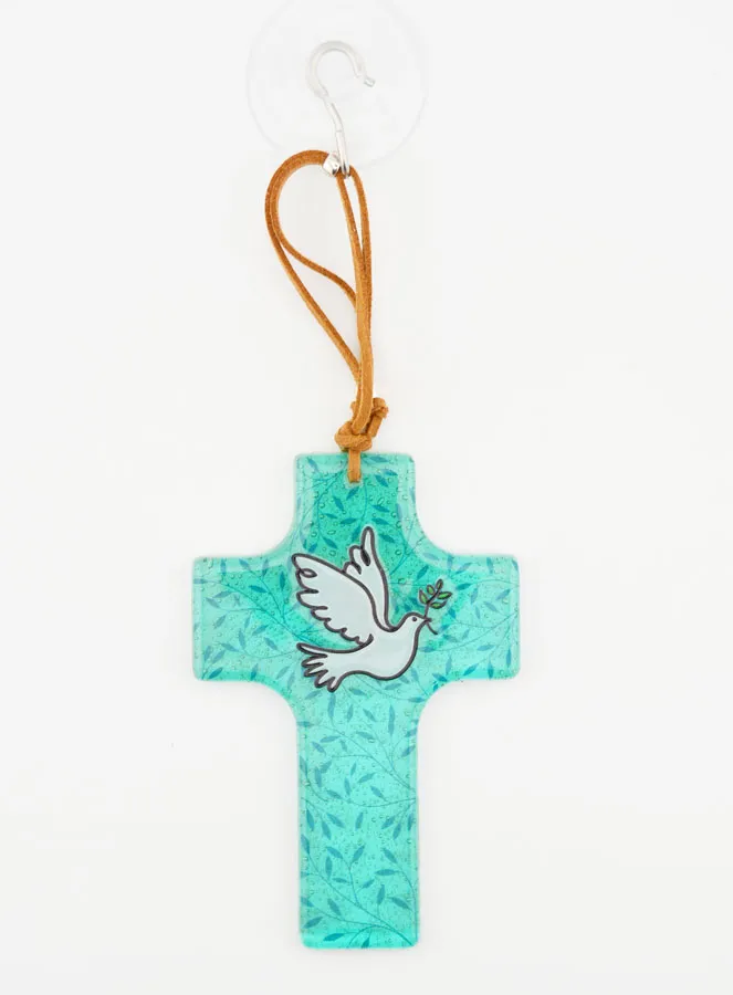 Glazen Kruis om op te Hangen 12 cm - Blauwe Duif (pic 3)