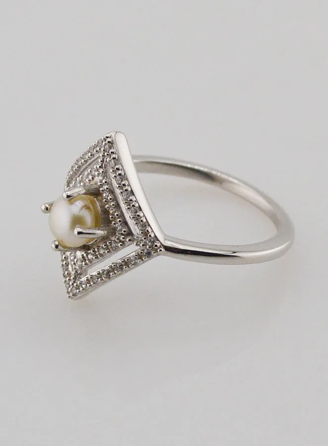 Ruitvormige Zilveren Ring met Zirkonia en Parel - Maat 54 (pic 2)