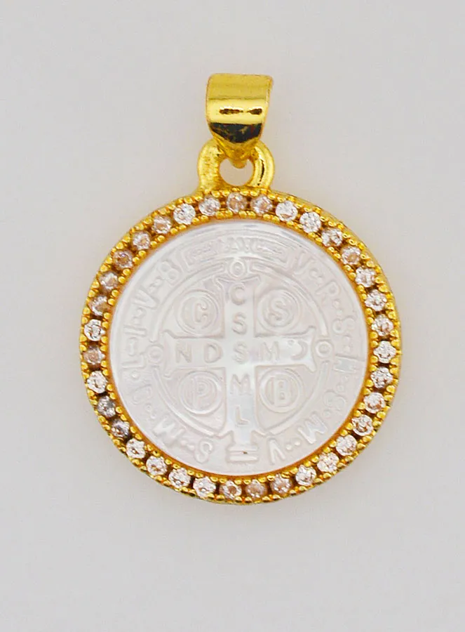 Goudkleurige Medaille met Parelmoer en Kruis van Heilige Benedictus - 22 mm (pic 1)