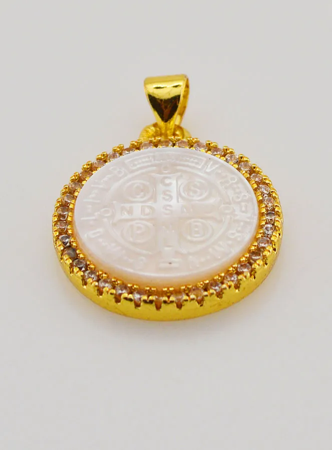 Goudkleurige Medaille met Parelmoer en Kruis van Heilige Benedictus - 22 mm (pic 2)