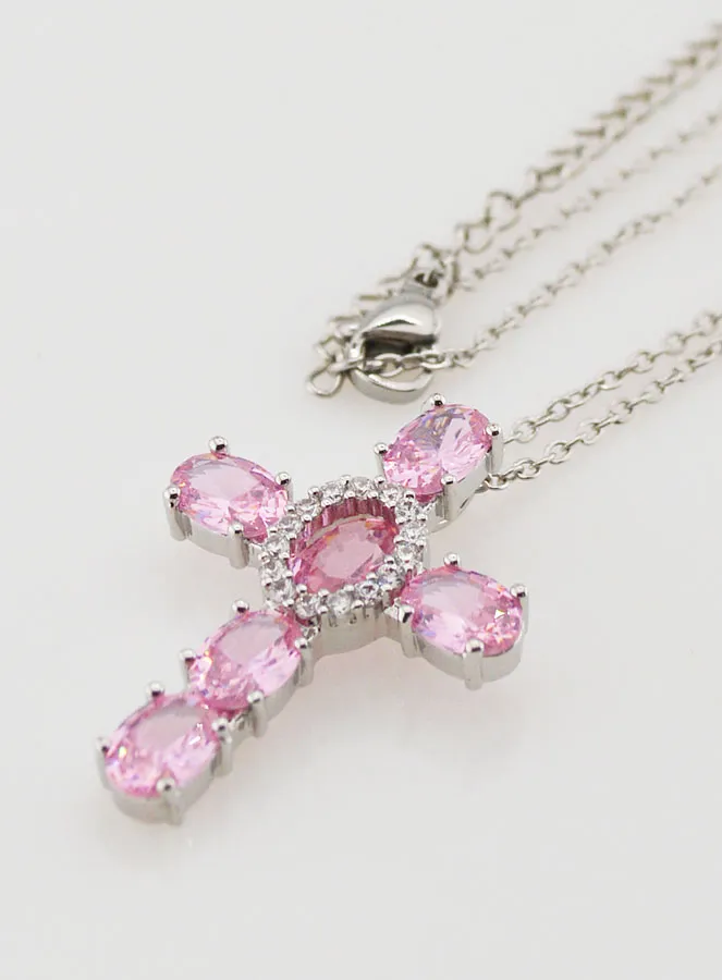 Religieus Collier van Messing - Roze Kruis (pic 1)