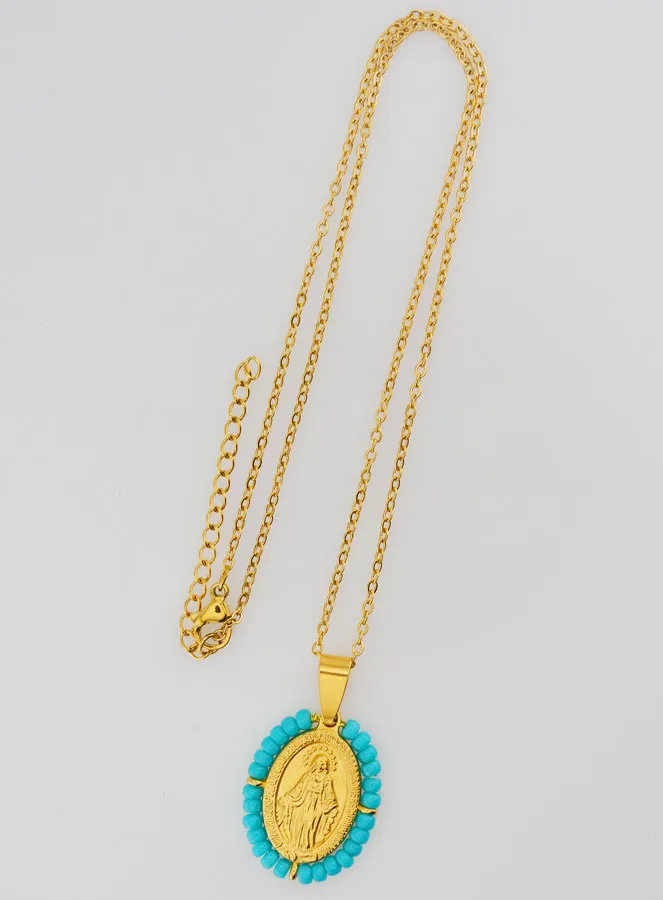 Religieus Collier en Wonderdadige Medaille - Blauw Grijze Kralen (pic 2)