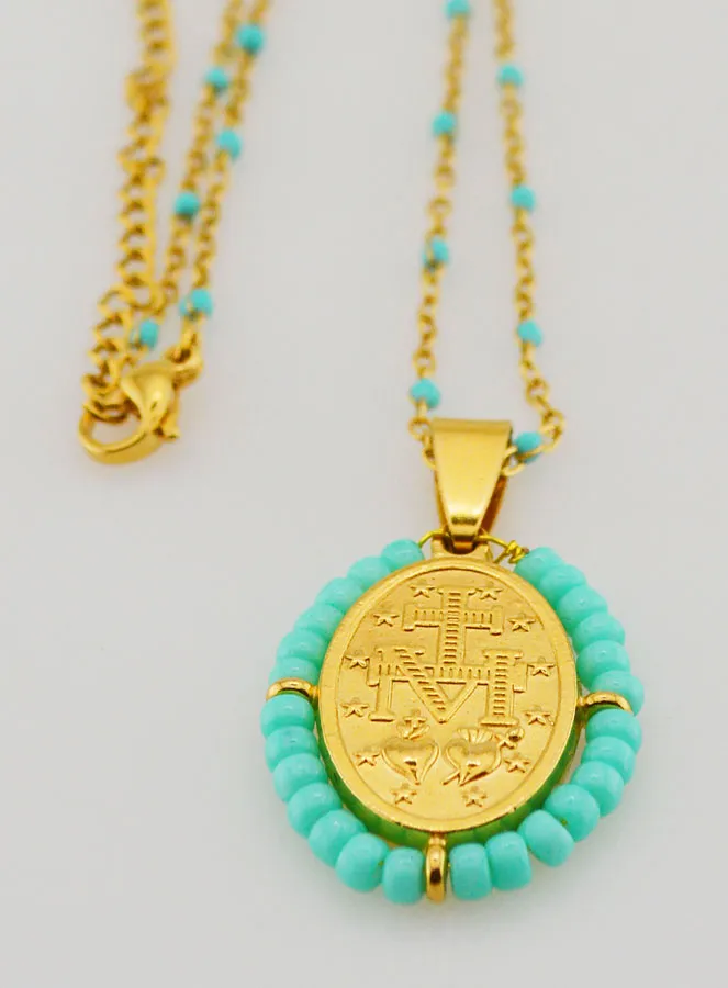 Religieuze Halsketting met Kralen en Wonderdadige Medaille - Turkoois Blauw (pic 3)