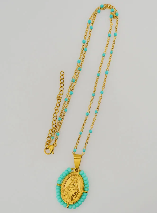 Religieuze Halsketting met Kralen en Wonderdadige Medaille - Turkoois Blauw (pic 4)