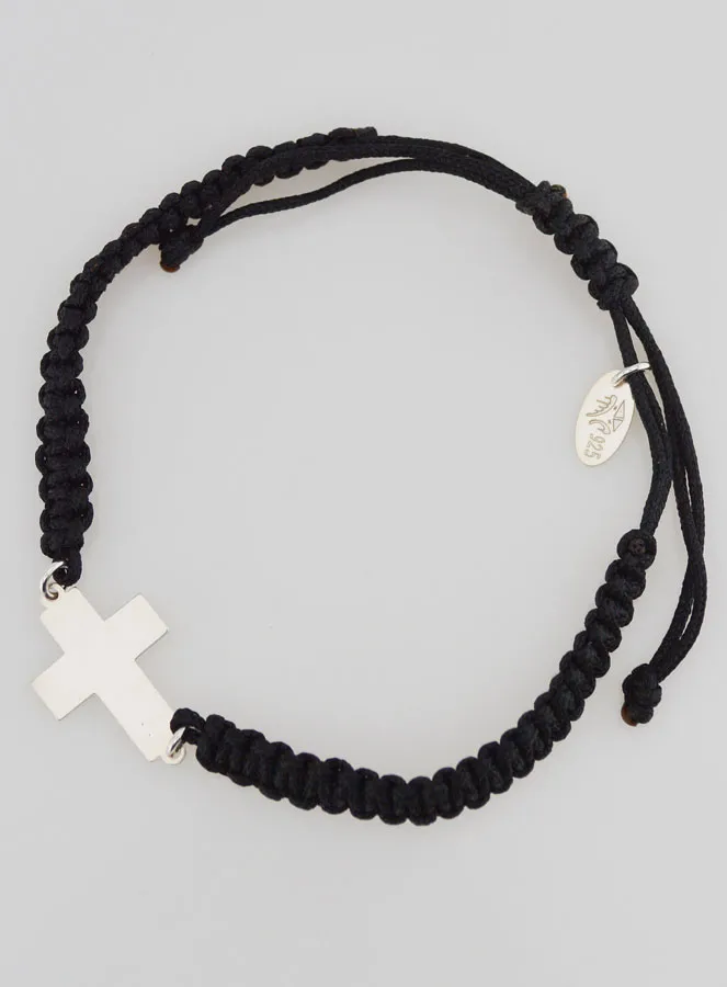 Zwart Gevlochten Touw Armband - Zilveren Kruis (pic 1)