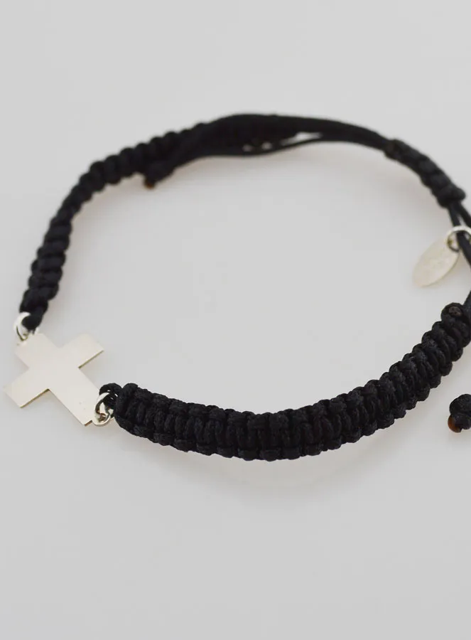 Zwart Gevlochten Touw Armband - Zilveren Kruis (pic 2)