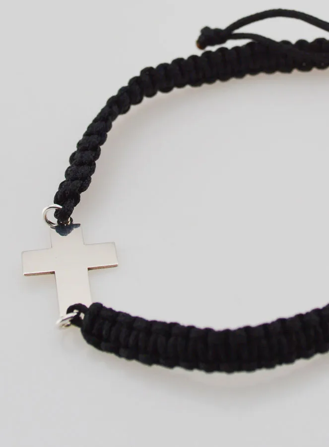 Zwart Gevlochten Touw Armband - Zilveren Kruis (pic 3)