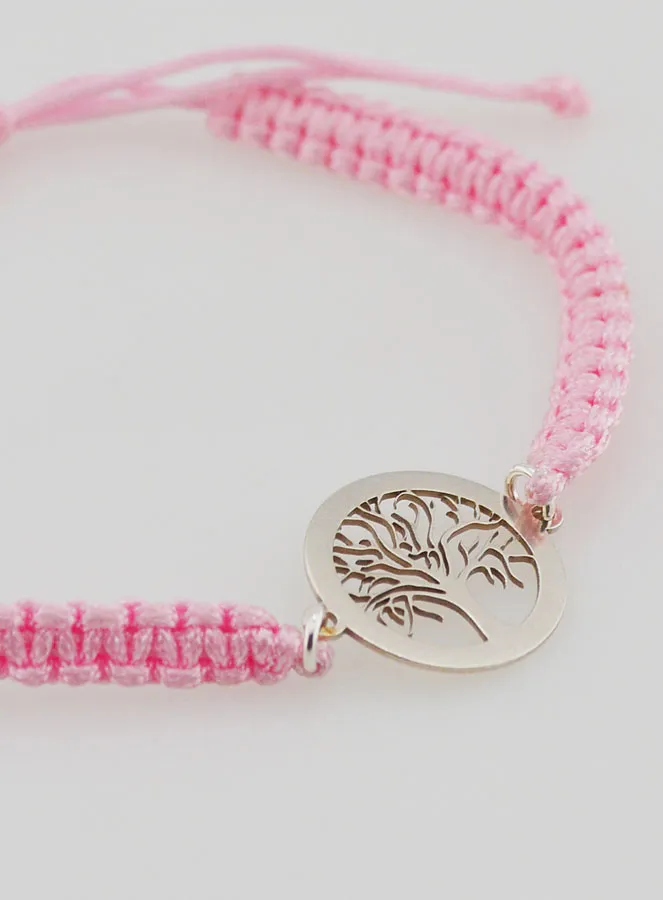 Armband van Gevlochten Touw Roze - Zilveren Levensboom (pic 3)