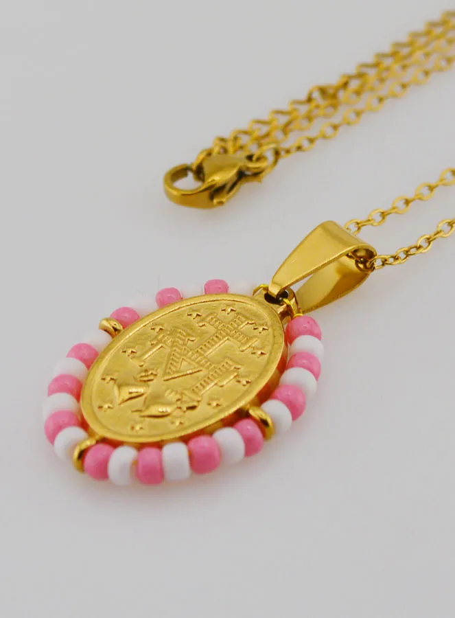 Religieus Collier en Wonderdadige Medaille - Roze en Witte Kralen (pic 2)