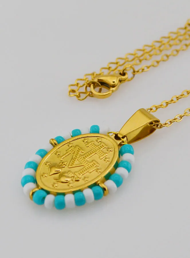 Religieus Collier en Wonderdadige Medaille - Witte en Blauw-Grijze Kralen (pic 2)