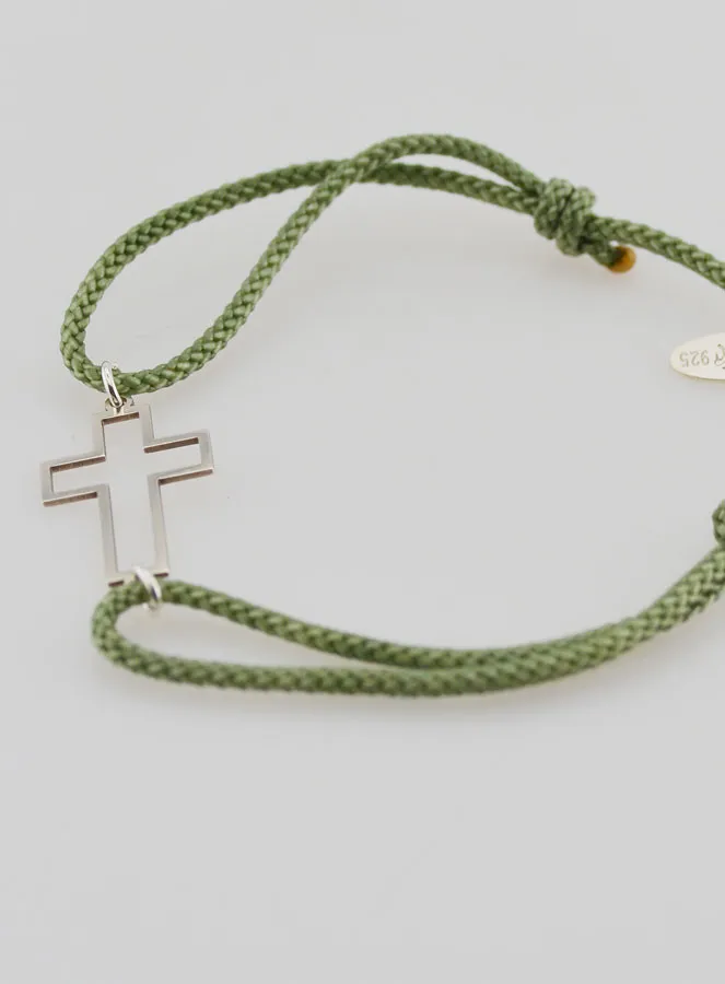 Armband Zilver en Groen Touw - Opengewerkt Kruis (pic 4)