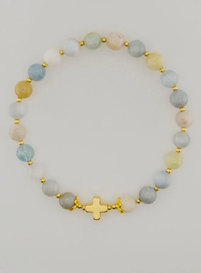 Armband Aquamarijn en Kruis - 6mm (pic 1)