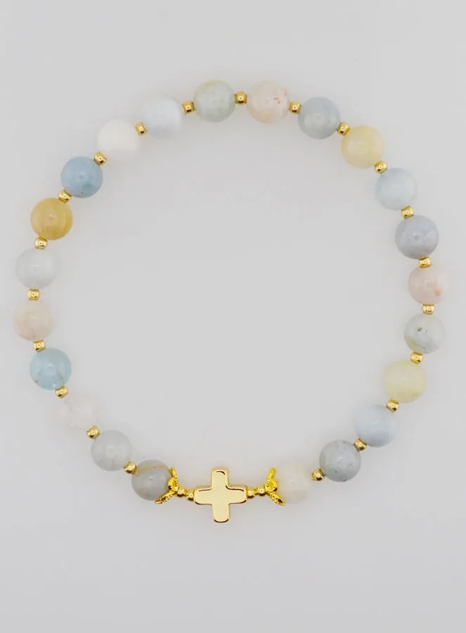 Armband met Kruis - Aquamarijn 6mm (pic 1)